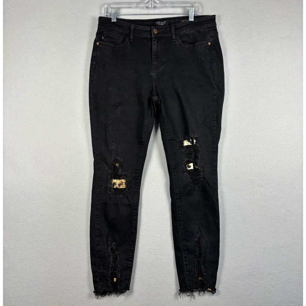 Judy Blue Skinny Fit Distressed Leopard Lined Jeans 13/31 (34x27) Black